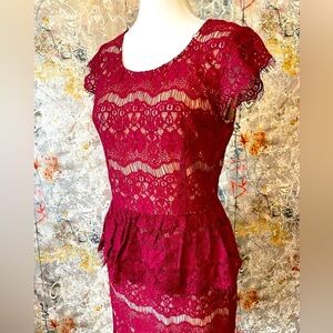 MAUVE ANTHROPOLOGIE Red Wine Crotcheted Peblum Dress. Size Small